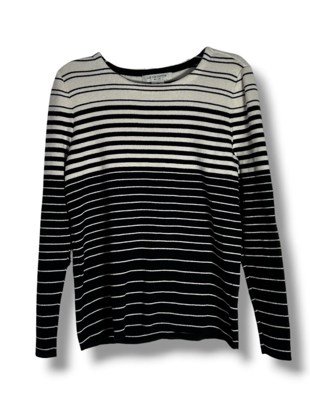 Liz Claiborne Petite Black And Cream Striped Sweater Size PM - “Cahaya”